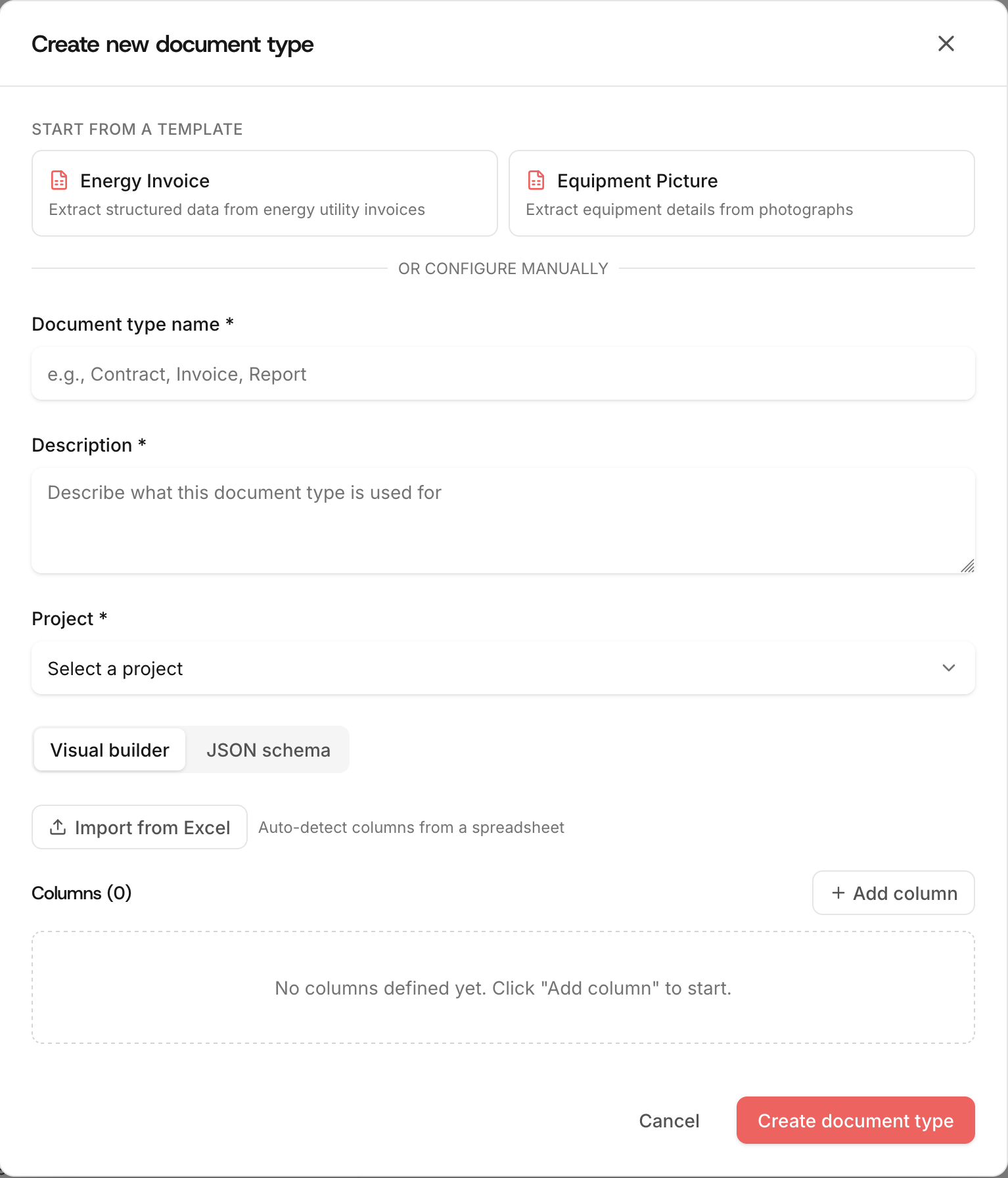 Create document type modal